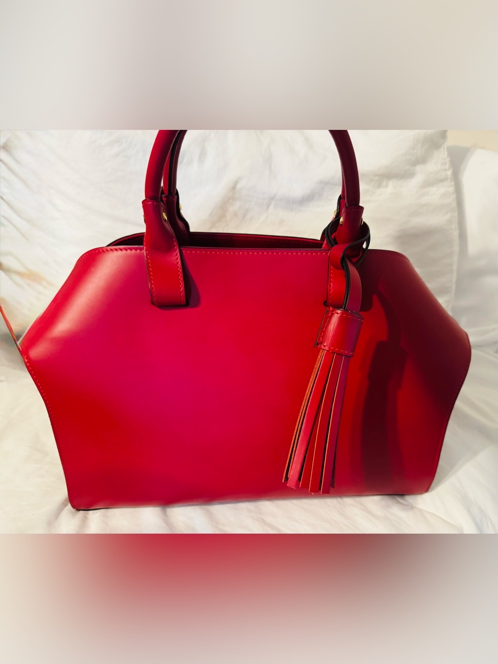 NWOT Italian Leather Red Satchel Structured Tassel Bag Made in Italy